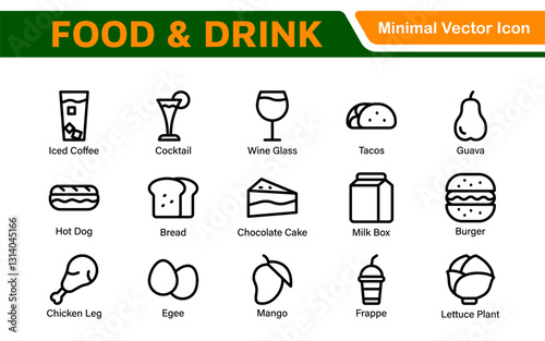 Food and Drink Icons Collection. Vector-Based Icons for Cooking, Dining, Beverages, Restaurant, and Fast Food Design