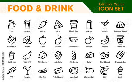 Food and Drink Icons Collection. Vector-Based Icons for Cooking, Dining, Beverages, Restaurant, and Fast Food Design