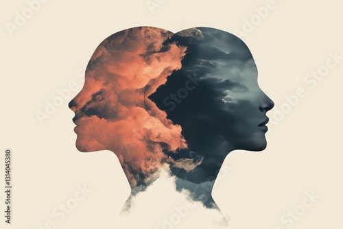 A minimalistic design of two heads facing opposite directions, one filled with calm imagery and the other with dark, stormy clouds.