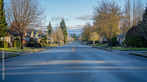 Tranquil suburban street scene on a sunny day, showcasing houses and trees lining the road.