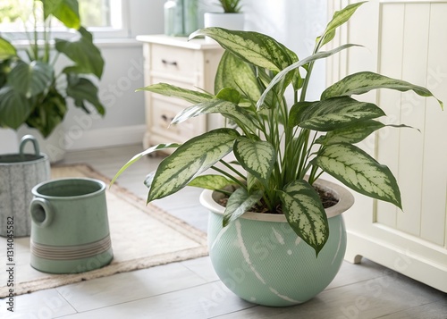 A Vibrant Dieffenbachia Plant Thrives In A Charming, Light Green Pot, Adding A Touch Of Serenity To A Sunlit Room Near A Wooden Cabinet And Other Potted Plants