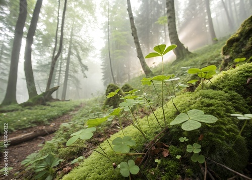 Enchanting Clover Flourishing Amidst A Mystical, Fog-laden Forest Path, Bathed In Soft, Ethereal Light