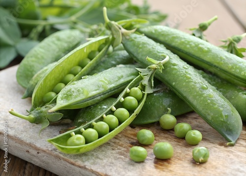 Freshly Picked Peas Bursting With Summers Sweetness, Glistening With Morning Dew On A Rustic Wooden Board