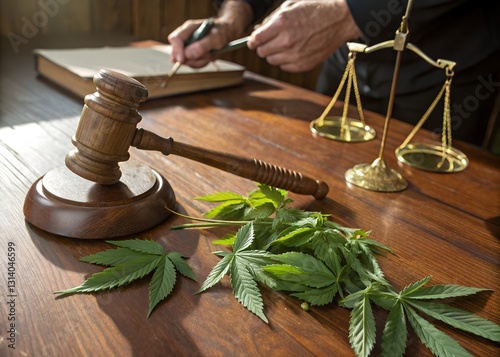 Justices Gavel And Scales Of Justice Preside Over Cannabis Leaves On A Rich, Dark Wood Surface, Bathed In Warm Sunlight