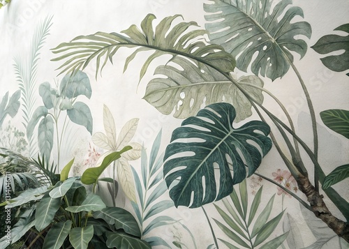 Lush Tropical Leaves Painted On A Wall, Creating A Serene And Inviting Indoor Jungle, With Soft Muted Greens And Beige Tones