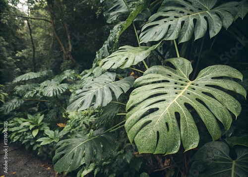 Lush Rainforest Foliage Thrives, Showcasing Vibrant Green Monstera Leaves Glistening With Rain, A Tranquil Scene Of Natural Beauty
