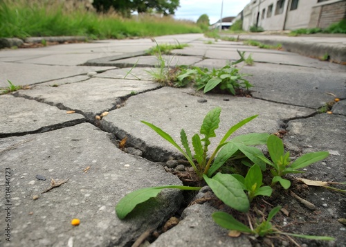 Natures Tenacious Grip Reclaiming A Forgotten Pathway, Vibrant Green Life Bursting Through Cracked Pavement, Showcasing Resilience In Subtle Natural Light