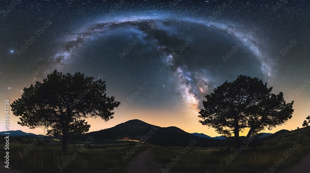 Fototapeta premium Majestic Milky Way arching over silhouetted trees and a mountain range at night.
