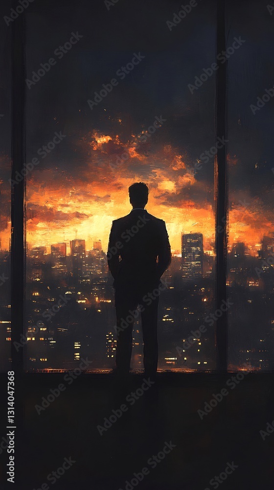 Fototapeta premium Man deep in thought at high-rise office window during sunset