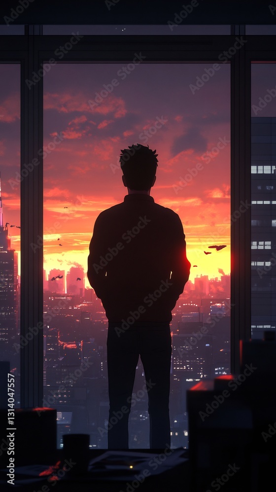 Fototapeta premium Man deep in thought at high-rise office window during sunset