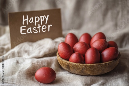 Easter card with red Easter eggs in the background and text 