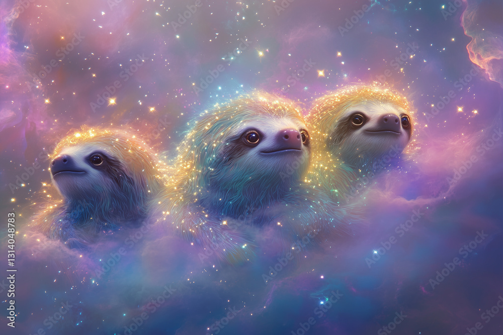 Glowing nebula sloths gracefully float in a vibrant cosmic cloud filled with stars Glowing nebula sloths gracefully float in a vibrant cosmic cloud filled with stars