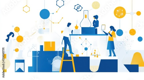 Scientists conducting experiments in a vibrant laboratory with colorful chemical elements