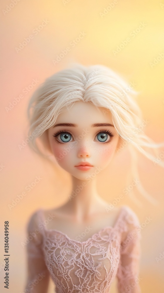 Woman with platinum blonde hair and ice-blue eyes in pastel mauve dress against pastel yellow-pink gradient Woman with platinum blonde hair and ice-blue eyes in pastel mauve dress against pastel yellow-pink gradient