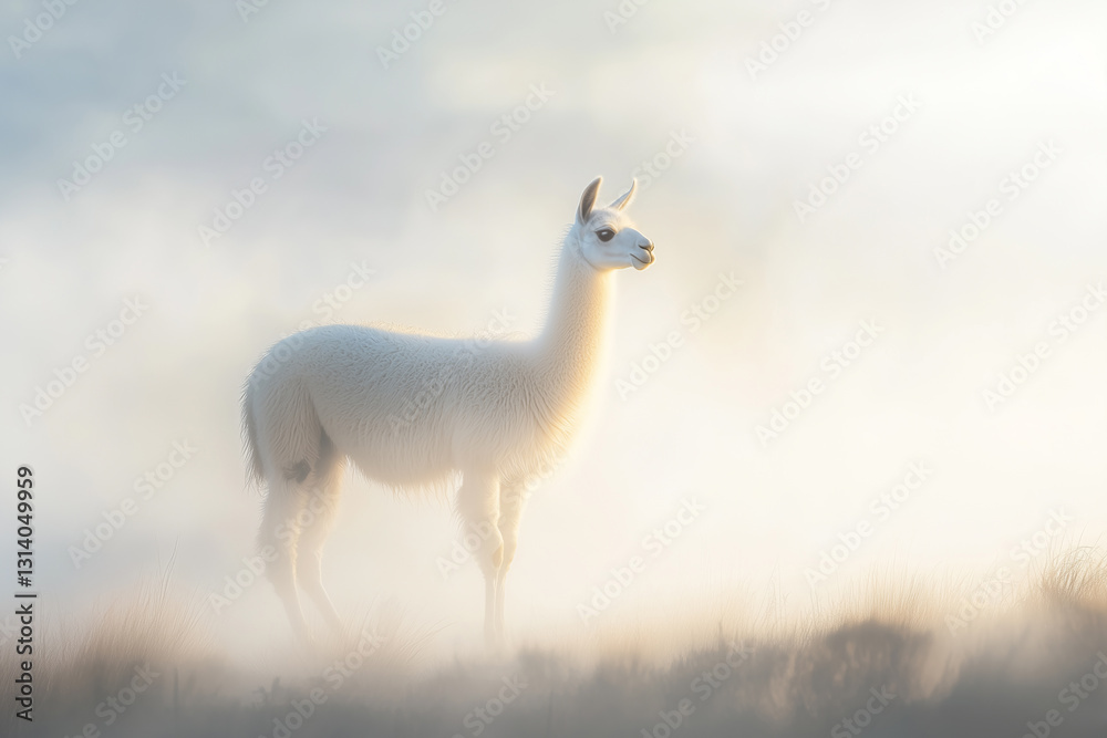 Llama in a serene misty landscape capturing a dreamy pastel atmosphere during early morning light Llama in a serene misty landscape capturing a dreamy pastel atmosphere during early morning light