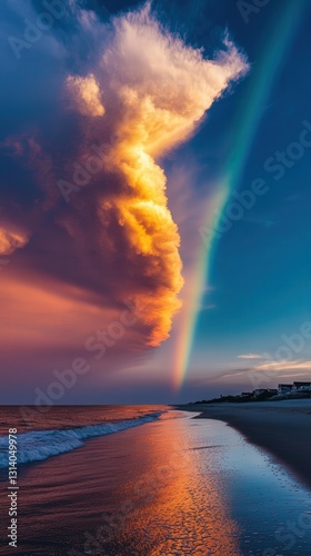 spectacular cloud formation over a North Carolina beach at sunset, featuring a brilliant rainbow arcing gracefully through the colorful sky
