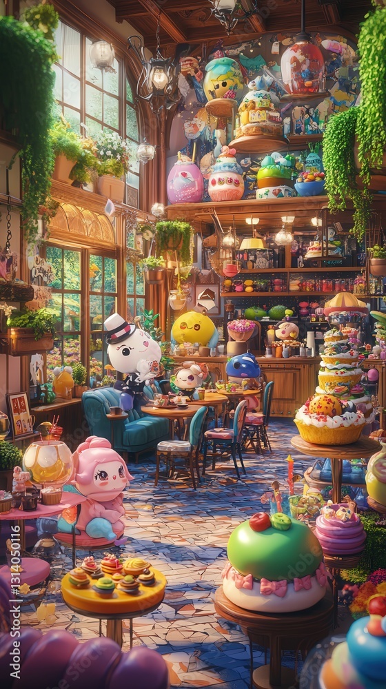 Naklejka premium chibi characters enjoying colorful drinks and sweet treats.