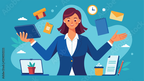 Businesswoman multitasking, holding a tablet and writing notes