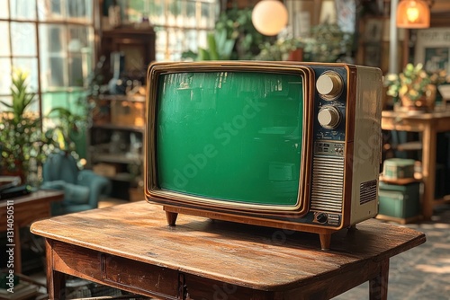 Vintage television with a green screen stands on a table in a sunlit room