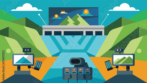 From the control room multiple cameras provide live feeds of the dam reservoir and surrounding landscape giving operators a comprehensive view of the. Vector illustration