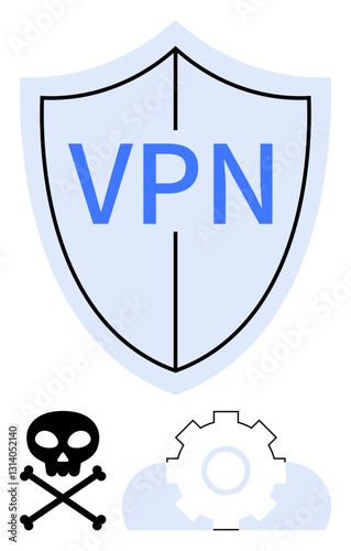 Shield labeled VPN emphasizes online security, paired with skull and gear icons highlighting cyber threats and tech operations. Ideal for VPN, data protection, hacking prevention, IT security, online