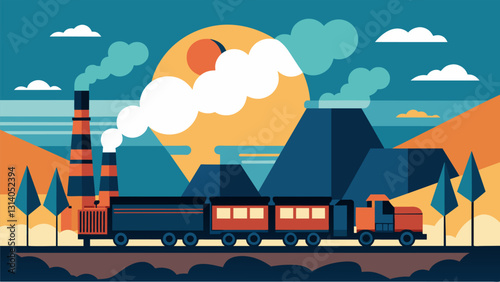 The loud clatter of coal cars fills the air as the train passes by a large industrial plant ready to supply it with its main source of energy.. Vector illustration