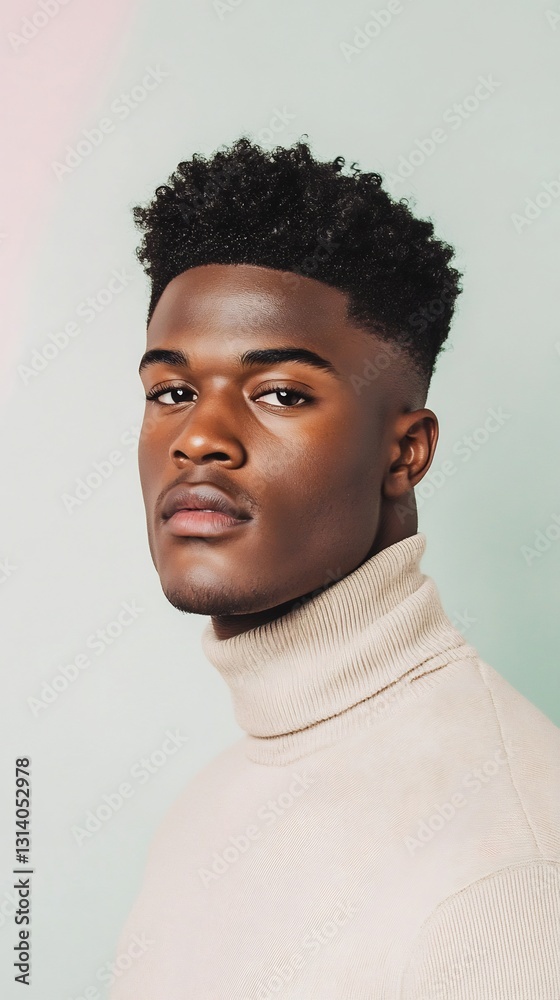 Obraz premium African American male model in pastel beige turtleneck against pastel mint-ivory background