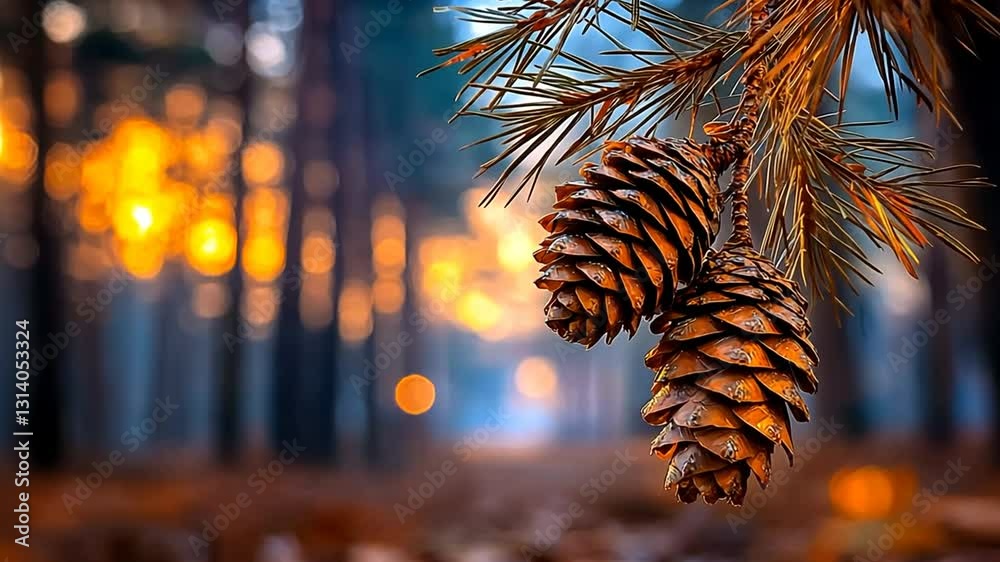 Autumnal Forest: Two Pine Cones on a Branch at Sunset