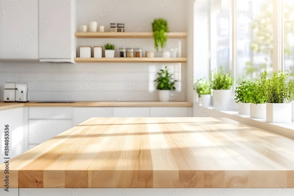 Modern white kitchen with wooden light empty table top bright and minimalist design indoor greenery Modern white kitchen with wooden light empty table top bright and minimalist design indoor greenery