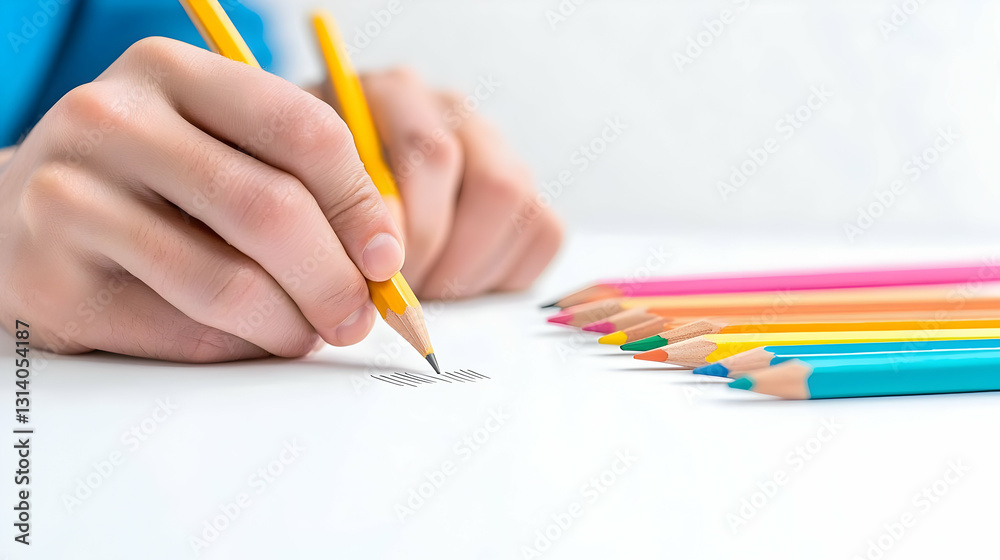 Hands Drawing with Colored Pencils on a White Paper Background Hands Drawing with Colored Pencils on a White Paper Background