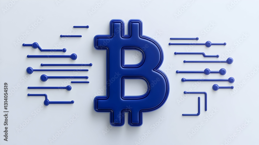Blue Bitcoin Symbol with Digital Circuit Elements for Cryptocurrency