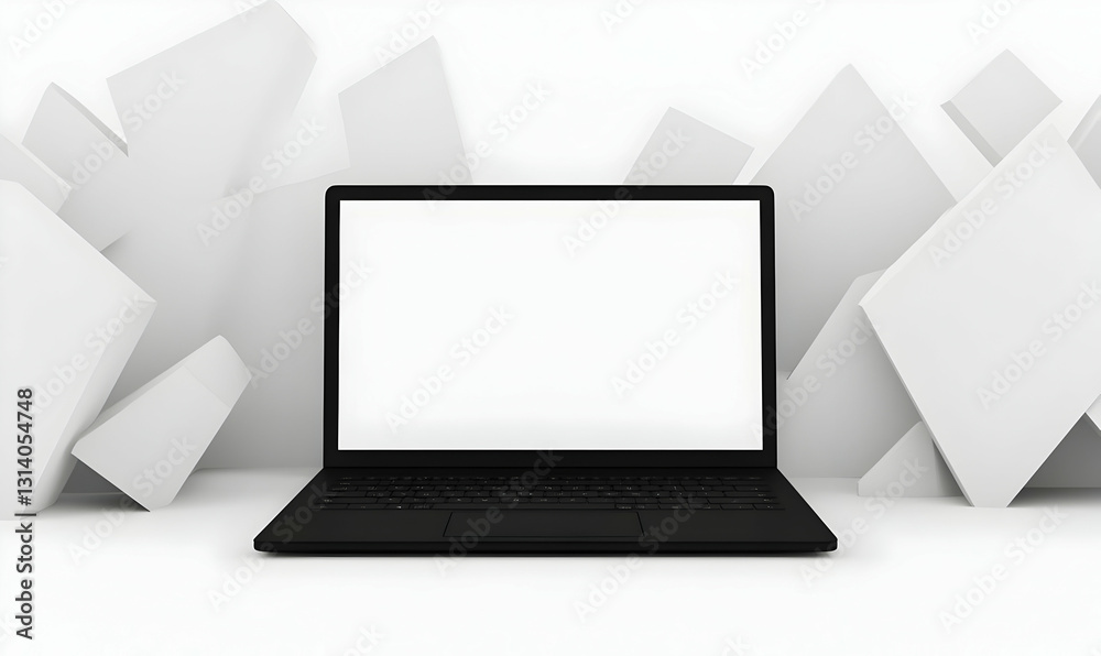 Modern Laptop on Minimalist Background with Abstract Shapes Modern Laptop on Minimalist Background with Abstract Shapes