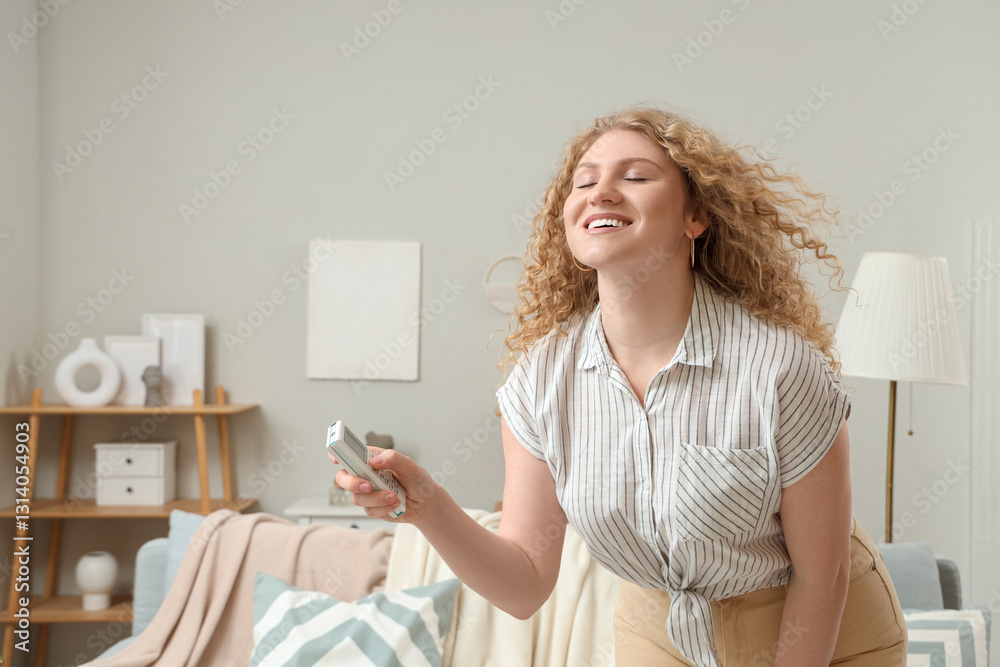 Beautiful smiling young woman with air conditioner remote control relaxing at home. Closeup Beautiful smiling young woman with air conditioner remote control relaxing at home. Closeup