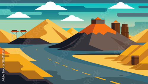 Mounds of crushed rock and sand waiting to be mixed with the refined petroleum create a contrasting landscape within the bustling asphalt production. Vector illustration