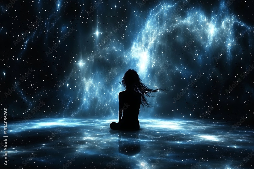 Obraz premium A contemplative person sits watching the beautiful starlit cosmos