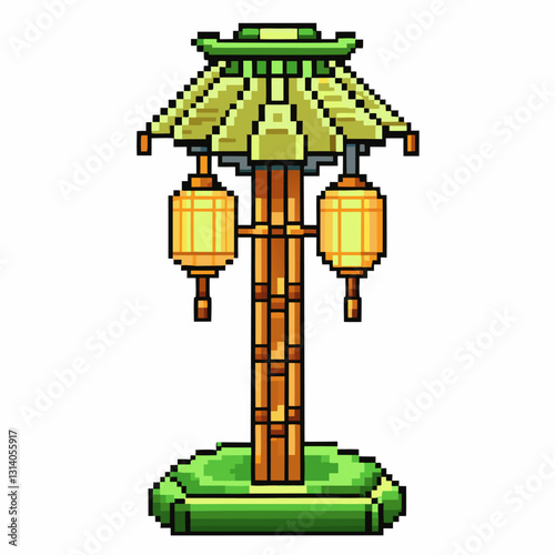 Pixel Art Bamboo Lantern with Green Pagoda Roof and Hanging Lights