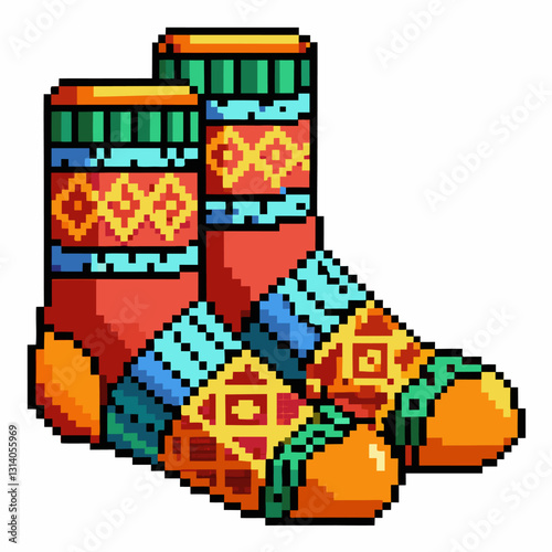 Colorful Pixel Art Socks with Geometric Pattern Retro Style  Illustration