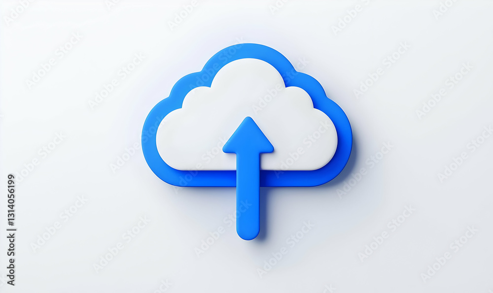 Blue and White Icon for Cloud Upload with Arrow Design