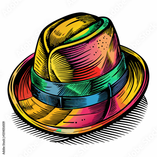 Colorful Vintage Fedora Hat Illustration with Retro Style and Vibrant Patterns
