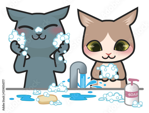 顔を洗っている猫のキャラクターと手を洗っている猫のキャラクター