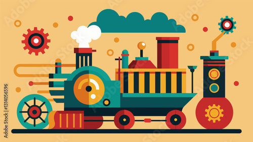 The rhythmic t of pistons and chugging of gears from a steampowered train fueled by a robust boiler that never seems to rest.. Vector illustration