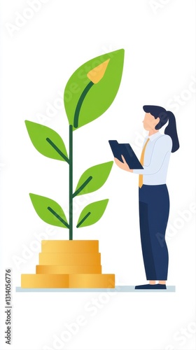 Confident woman standing beside healthy green plant symbolizing business growth and development potential in strategy