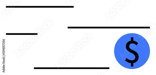 Horizontal lines suggest a check, paired with a bold dollar icon in blue. Ideal for banking, payments, finance, money management, savings, accounting, budgeting flat simple metaphor