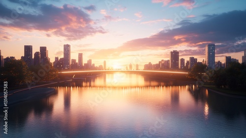 Modern city bridge with LED strip lighting at twilight