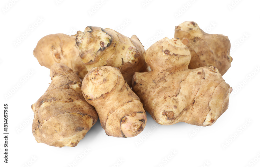 Fresh Jerusalem artichokes isolated on white. Root vegetable Fresh Jerusalem artichokes isolated on white. Root vegetable