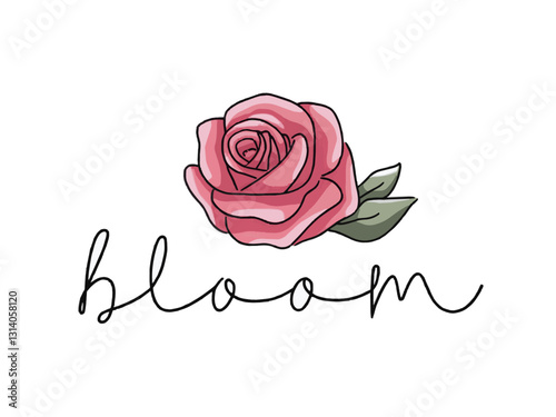 An illustration of a vibrant pink rose with intricate petal details. The rose is positioned centrally and is adjacent to two small green
leaves. Below the rose, the cursive word 'Bloom