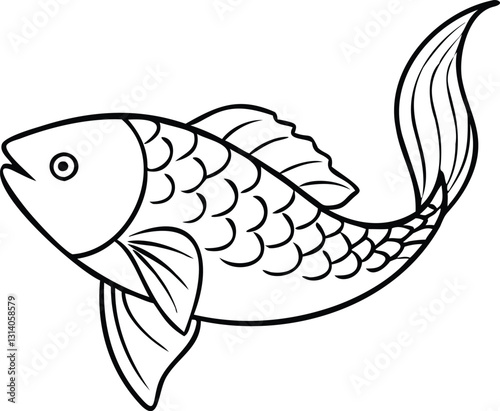 Stylish Fish Line Drawing with Fine Details – Isolated PNG on Transparent Background