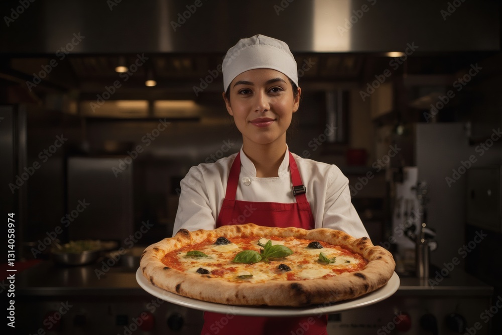 Young female chef in red apron holding freshly baked pizza in professional kitchen Young female chef in red apron holding freshly baked pizza in professional kitchen