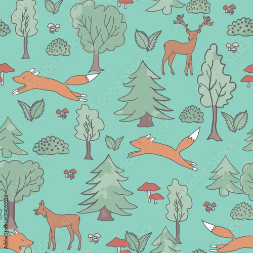 Vector Green Watercolor Forest Animals