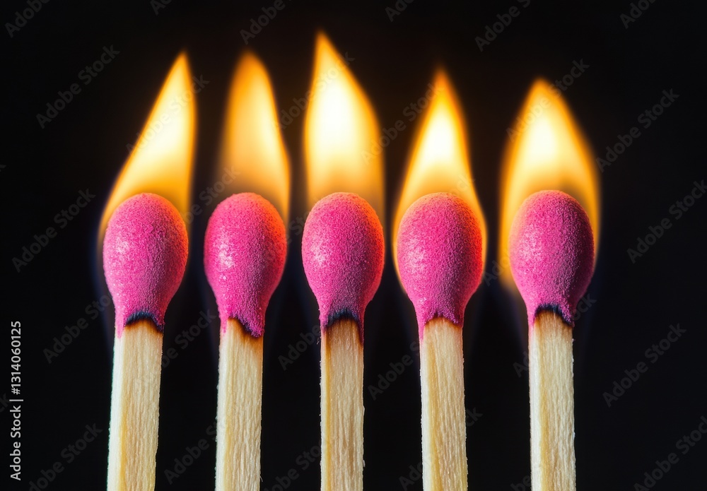 A row of five matches with a single match lit A row of five matches with a single match lit